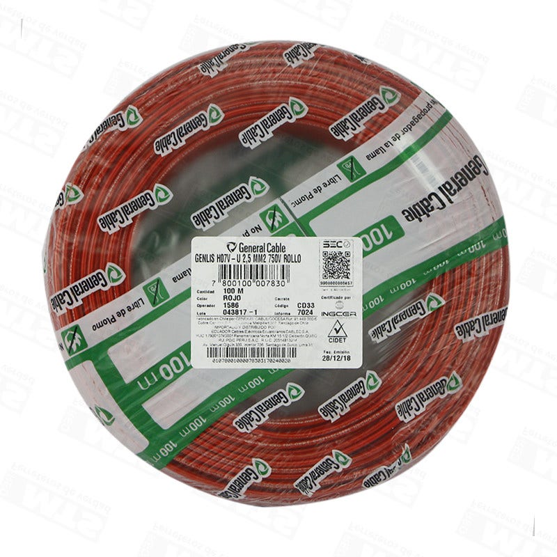 Alambre HO7V-U 1.5mm Rojo x 100mt