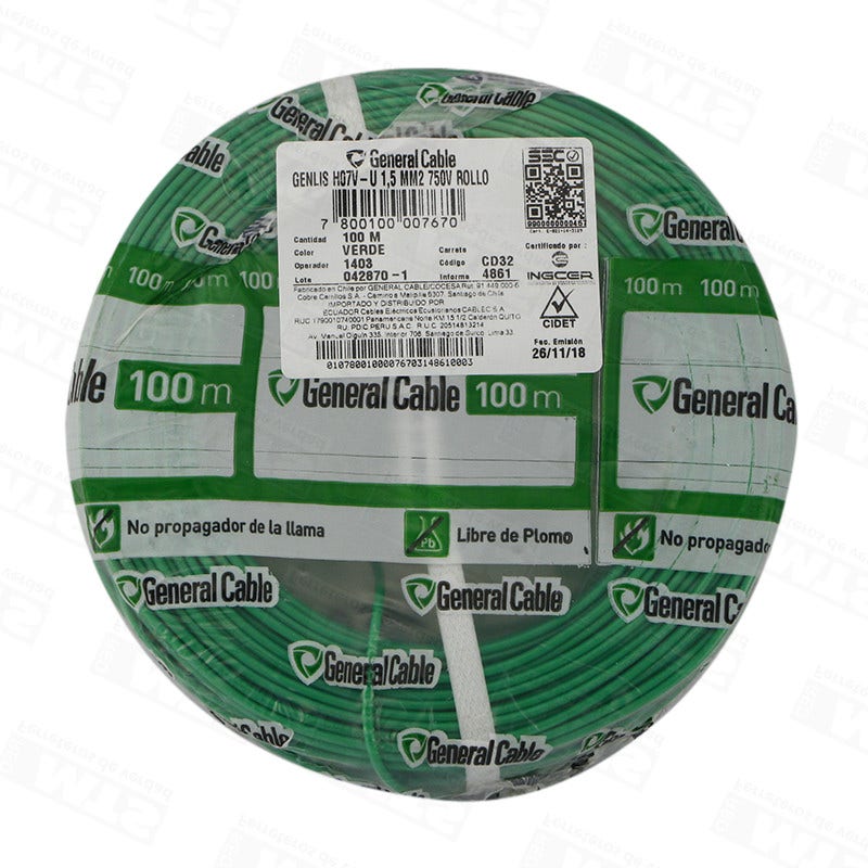 Alambre HO7V-U 1.5mm Verde x 100mt